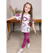 Kız Çocuk Pano Kalp Baskı Bisiklet Yaka T-Shirt Kargo Cepli Alt Mor Eşofman Takı
