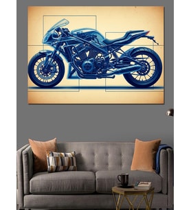 Mavi Taslak Çizimli Modern Motosiklet Dekoratif Kanvas - Mdf Ahşap Tablo