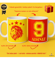 Sarı Kırmızı 5 Yıldızlı Aslan Baskılı Taraftar Kupası – Hediye Paketli Kişiye Özel İsim, Forma Numarası & Logo
