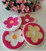 Mi-Knitting, 4lü El Yapımı Bahar Bardak Altlığı Seti, 4 adet Punch Nakışı Bardak Altlığı, Tasarım Bardak Altlığı, Elişi Bardak Altlığı