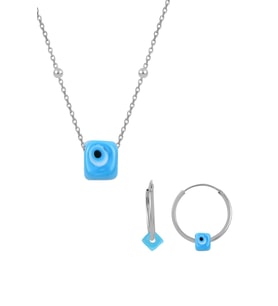 Söğütlü Silver Gümüş rodyumlu   top top zincirli nazarlı turkuaz set