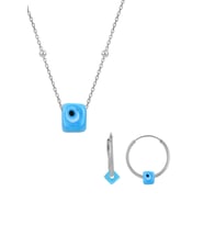 Söğütlü Silver Gümüş rodyumlu   top top zincirli nazarlı turkuaz set