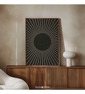 Sunburst Duvar Dekoru, Siyah ve Bej, Orta Yüzyıl Modern, Minimalist Çizgiler Sanatı