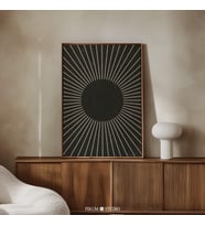 Sunburst Duvar Dekoru, Siyah ve Bej, Orta Yüzyıl Modern, Minimalist Çizgiler Sanatı