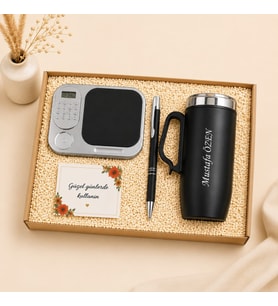 Kişiye Özel İsim Baskılı Premium Ofis Hediye Seti Termos Bardak Metal Kalem Ve Hesap Makineli Mouse