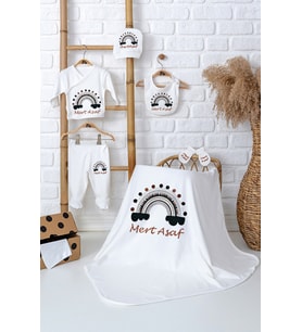 Pia Baby Premium %100 Pamuk İsim Yazılı Erkek Bebek Hastane Çıkışı Battaniyeli Bebek Hediye Seti 5085-04 (Ekru)
