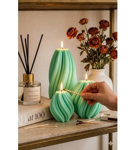 Mumelia Candles Spiral Rüya Mum 3'lü Set - Doğal Soya, El Yapımı, Dekoratif - Zümrüt Yeşili