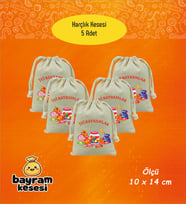 Bayram Harçlık Kesesi 5'li – Baskılı Ham Bez Bayram Kesesi, Çocuklar İçin Bayram Hediyesi, Bayram Şe