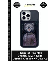 iPhone 16 Pro Max Uyumlu Siyah Kedi Desenli Kılıf N-CXMC-KTHZ Günlük Aksesuar Cep Kılıfı Kartlıklı