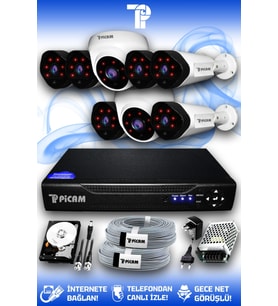 PICAM 8 Kameralı Uzay 2 İç Kamera Set 320 GB HDD Full HD Gece Görüşlü Güvenlik Kamerası Sistemi