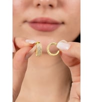 925 ayar gümüş küpe altın yaldızlı zirkon taşlı 3 sıra tamtur halka küpe SGTL13163GOLD