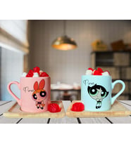 Power Puff Blossom & Buttercup Arkadaş Çift Tasarımlı Pembe & Yeşil Ahşap Tabaklı Kişiye Özel Türk Kahvesi Fincanı Seti