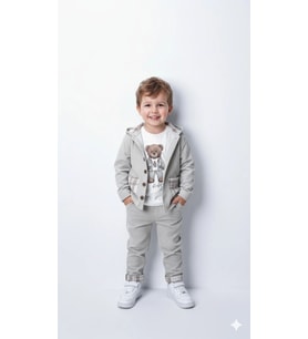 Erkek Çocuk %100 Pamuk Kadife Hırka, Pantolon ve Ayıcık Baskılı Uzun Kollu Sweatli 3'lü Premium Seri