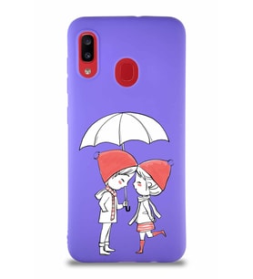 Samsung Galaxy A20 Soft Premier Kapak Aşk Tasarımlı Silikon Kılıf - Mor (Şeffaf)