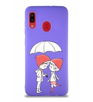 Samsung Galaxy A20 Soft Premier Kapak Aşk Tasarımlı Silikon Kılıf - Mor (Şeffaf)