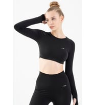 Maraton SlimFit Kadın Bisiklet Yaka  Siyah Crop Top