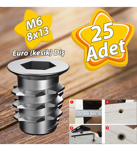 Metal Euro Dişli Dübel Ahşap Dübeli M6 8x13 Diş Çinko Mobilya Bağlantı Ünite Birleştirme (25 ADET) (Krom)
