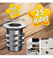 Metal Euro Dişli Dübel Ahşap Dübeli M6 8x13 Diş Çinko Mobilya Bağlantı Ünite Birleştirme (25 ADET) (Krom)