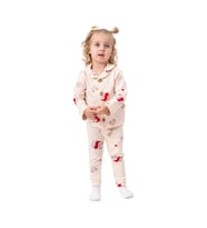 Unisex Somon Sarı Biyeli Kırmızı Ayıcık Desenli Kruvaze Yaka Pijama Takımı