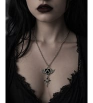 Gotik Kanatlı Kalp ve Kurukafa Detaylı Siyah Taşlı Kolye Unisex