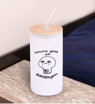 BK Gift Esprili Tasarım Beyaz Renk Pipetli Buzlu Cam Bardak 600ml - 7, Arkadaşa Hediye, Doğum Günü Hediyesi