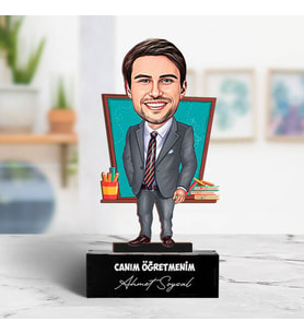 Kişiye Özel Gri Takım Elbiseli Öğretmen Karikatürlü Biblo