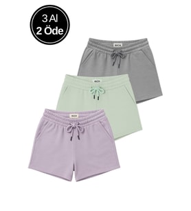 Kadın 3'lü Paket Füme-Yeşil-Lila Rahat Kesim Yumuşak Kumaş Beli Lastikli Yazlık Cepli Mini Şort