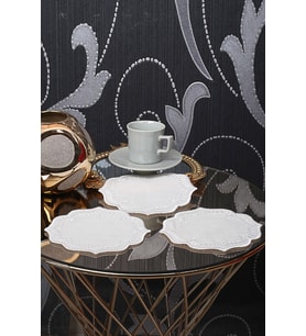 Yuvarlak Krem  Krem 6'lı Nakış İşlemeli Linen Keten Kokteyl Kahve Sunum Peçetesi