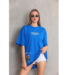 Unisex Bisiklet Yaka Baskılı Oversize T-Shirt - Mavi