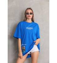 Unisex Bisiklet Yaka Baskılı Oversize T-Shirt - Mavi