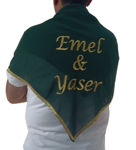 İsimli Damat Şalı Kına Şalı Asker Şalı Asker Yareni Nakış İşlemeli Şifon Kumaş Omuz Örtüsü Kişiye Özel (Yeşil-Gold)