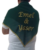 İsimli Damat Şalı Kına Şalı Asker Şalı Asker Yareni Nakış İşlemeli Şifon Kumaş Omuz Örtüsü Kişiye Özel (Yeşil-Gold)