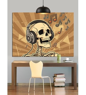 Kulaklıklı Kurukafa Müzik Dinliyor Dekoratif Kanvas - Mdf Ahşap Tablo
