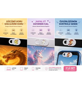 Lexroo Kamera Kapatıcı 3'lü Set, 3 Farklı Karakter Tasarımlı Ultra İnce 1 mm Sürgülü Webcam Cover