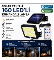 160 LED Solar Bahçe Aydınlatması, 6&amp;apos;lı Güneş Panelli LED Lamba, 5 Metre Kablolu ve Kumandalı (5680)