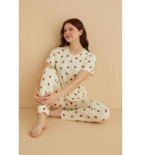 Dreamy İpeksi Kaşkorse Çilek Desenli Kısa Kollu Pijama Takımı (A.Sarı)