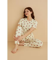 Dreamy İpeksi Kaşkorse Çilek Desenli Kısa Kollu Pijama Takımı (A.Sarı)