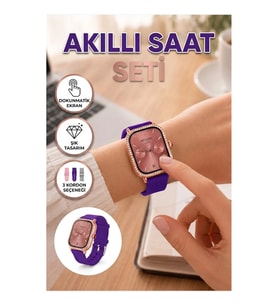 Dokunmatik Akıllı Saat Seti – Pembe, Mor ve Metal Kordonlu