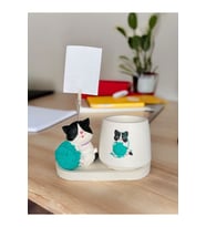 Mavi yumaklı kedi fotoğraf - not tutuculu obje saksı seti hediyelik ofis seti