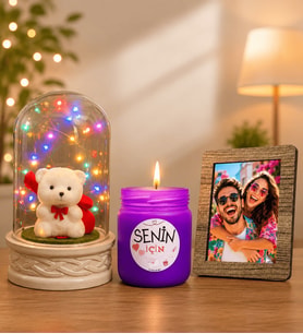 Kişiye Özel Fotoğraflı Renkli LED Işıklı Fanus (beyaz ayıcıklı) ve Kokulu Cam Mum Seti