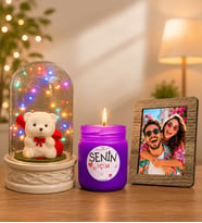 Kişiye Özel Fotoğraflı Renkli LED Işıklı Fanus (beyaz ayıcıklı) ve Kokulu Cam Mum Seti