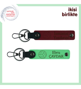 Voleybolcu Çocuğa Motive Edici Hediye, İsim Yazılabilir Deri Anahtarlık Takımı, Bordo-Fıstık Yeşil