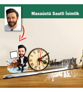 Karikatür Erkek Muhasebeci, Bilgisayarlı Model Masaüstü Saatli İsimlik MSİ44