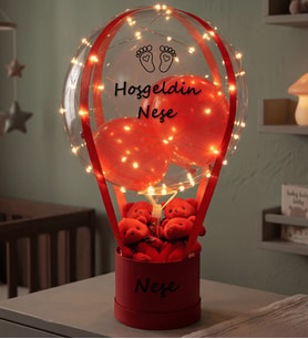 Kişiye Özel İsimli Led Işıklı Uçan Balon Ayıcık Kutusu - Kırmızı Seri Bebek & Tebrik Hediyesi