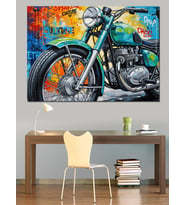 Graffiti Tarzı Modern Yeşil Motosiklet Dekoratif Kanvas - Mdf Ahşap Tablo