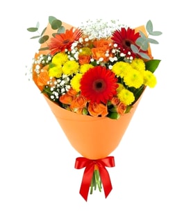 Bukette Kırmızı Gerbera ve Turuncu Güller