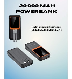 20000 Mah Powerbank Çok Kablolu, Dijital Göstergeli, Yüksek Hızlı Şarj Cihazı