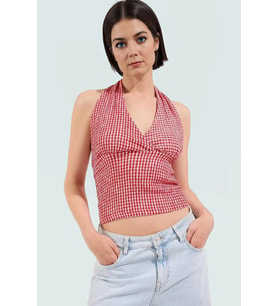 Fitted Örme Bluz Boyundan Bağlamalı Kareli Yazlık Rahat Trend Tasarım Mükemmel Uyum (Kırmızı)