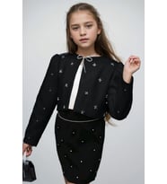 Kız Çocuk Üzeri Taş İşlemeli Etek Askılı Penye Bluz ve Siyah Blazer Ceket Etekli