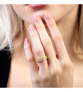 Sıralı Zirkon Taşlı Gold Renk Free Size  Yarım Tur 925 Ayar Gümüş Kadın Yüzük